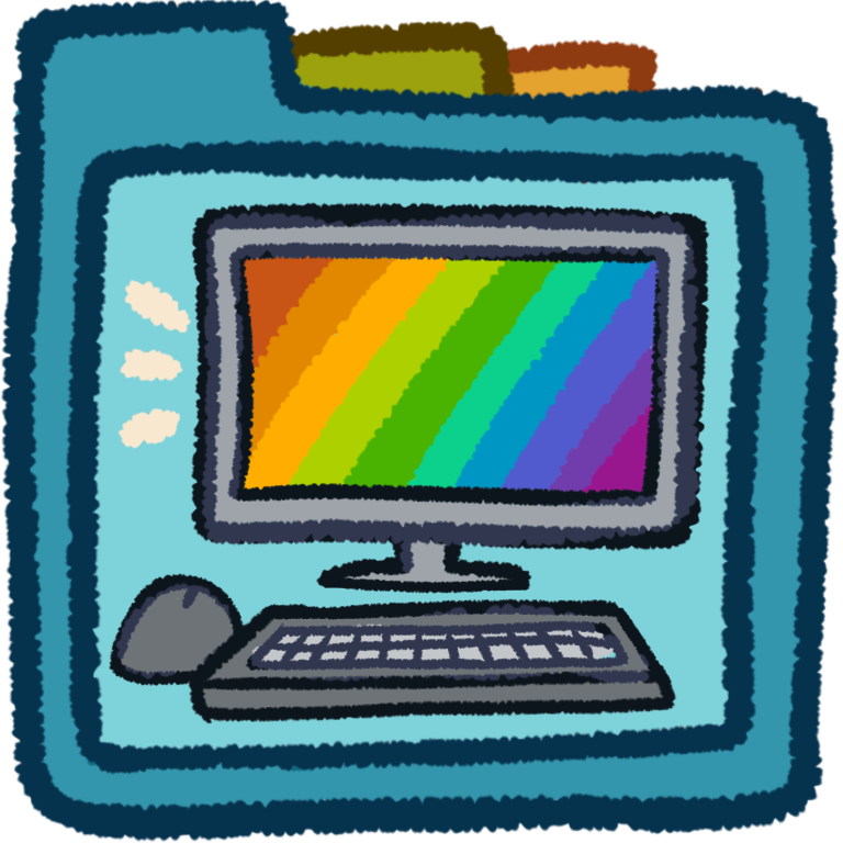 a laptop, mouse and computer screen. the computer screen is rainbow.  they're inside a teal folder that has green and orange folder tabs behind it.